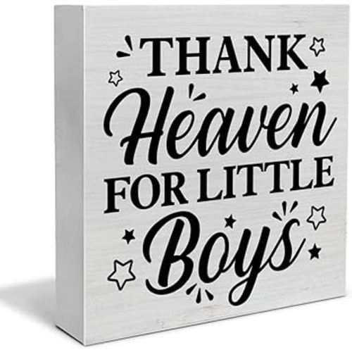 Baby Boy Nursery Decorative Wooden Box Sign Thank Heaven for Little Boys Wood Block Plaque Decor Farmhouse Home Nursery Shelf or Wall Display 5x5 Inches