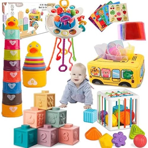 Baby toys 6 to 12 months, Montessori toys for 1 year old, Silicone Pull String Teething Toys, Stacking Building Blocks Infant Toddler Toys 0-3, Color Shape Bin Sensory Toys, Baby boys&girls gifts