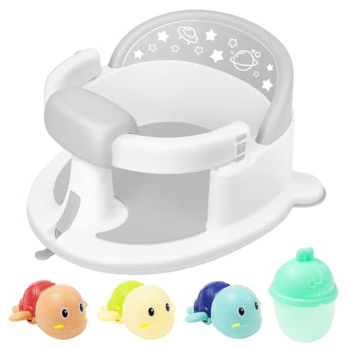 Baby Bath Seat 6M+, Non-Slip Cushion, 5-Pc Set for New Parents, Gray | CPSC Certified, BPA-free PP+TPR, easy-release handle, ergonomic backrest, compact travel, 5-pc w/ toys & cup, non-slip, gray