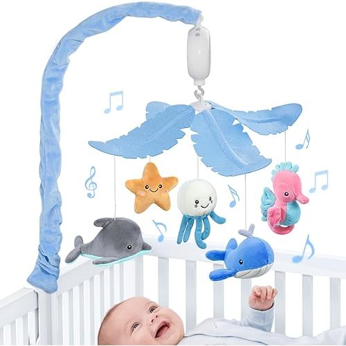 FEISIKE Baby Crib Mobile with 35 Lullabies, 3 Modes Rotation & Music, Adjustable Volume, Nursery Decor for Boys and Girls (Ocean Theme)