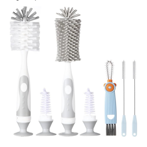 5-in-1 Baby Bottle Cleaner Set, Including Nylon & Silicone Bottle Brush, Cap, Straw & Nipple Brushes, BPA-Free (Grey)