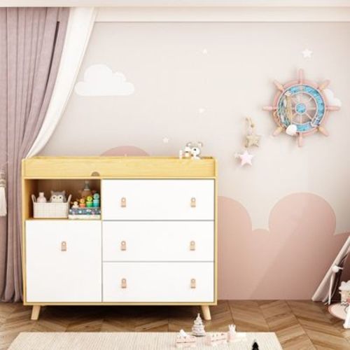 Famapy Woodgrain Mix White Baby Changing Table With leather Pulls Large Worktop Three Drawers Rich Storage Space Storage Cabinet