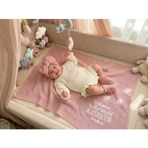 Personalized Embroidered Baby Outfit Set with Blanket, Knit Romper, Coming Home Gift Welcome to the World