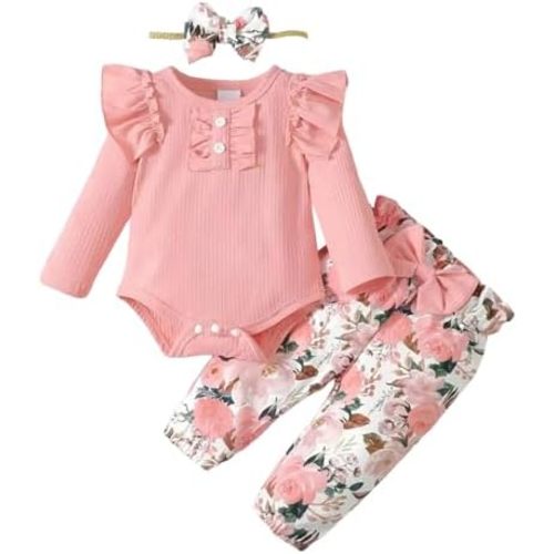 Newborn Baby Girl Clothes Infant Girl Outfits Long Sleeve Ruffle Romper + Floral Pants + Headband Set