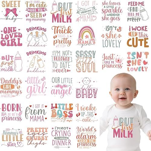 Baby Shower Iron on Transfers - 30Pcs Pink DTF Transfers Ready to Press, Cute Iron on Decals Patches for Baby Girls Bodysuit, Heat Appliques Vinyl Stickers for Baby Onesie Bibs Decorating Kit