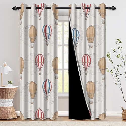 DASHAN Hot Air Balloons Blackout Curtains for Kids Children Bedroom 84 inch Long 2 Panels Travel Printed World Map Window Curtains for Nursery Living Room Window Drapes 52Wx84L