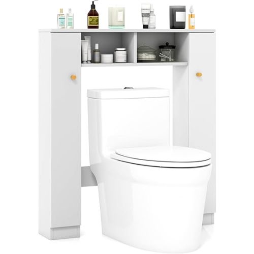 Giantex Over The Toilet Storage Cabinet, Double Door Freestanding Bathroom Organizer w/ 2 Open Compartments & 4 Adjustable Shelves, Bathroom Space Saver, Laundry Room Storage Rack (White)