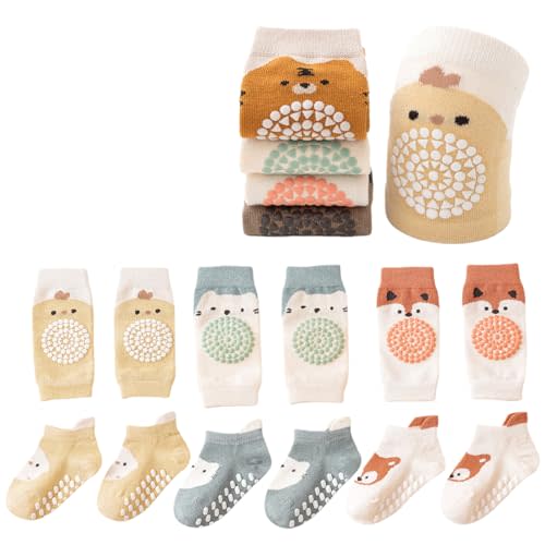 Feidoog Baby Crawling Anti-Slip Elastic 3 Pairs Knee Pads and 3 Pairs Socks Set,Toddler Knee Protector for Baby Kids Kneepads