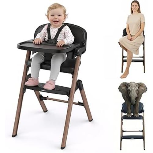 Babilous High Chair, Foldable High Chairs for Babies and Toddlers Ultra Safe for Infant or Adults Up to 150 Lbs, Easy Clean, Removable Tray/Adjustable Footrest for Baby Feeding HighChair, Black