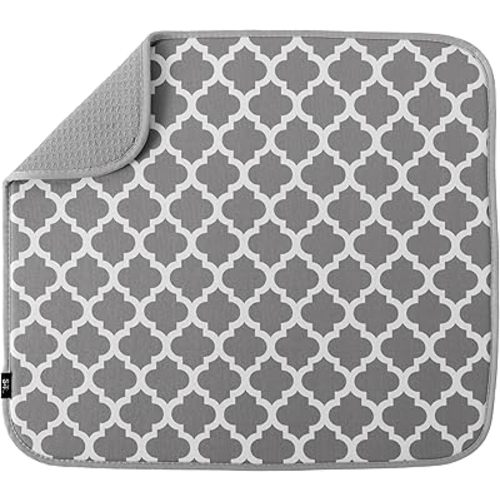 S&T INC. Dish Drying Mat, 16” x 18”, Absorbent Microfiber Kitchen Counter Mat, Dish Drying Pad for Dishes, Utensils, Pots and Pans, Large, White Trellis