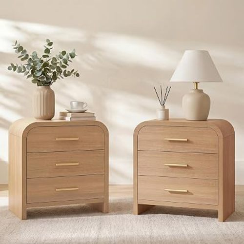 Night Stand Set of 2 [Unique Curved Profile] [FSC-Certified Wooden Board] 3-Drawer Nightstand 26.7" H Metal Handle Modern Sturdy Bedside Table Side Table End Table