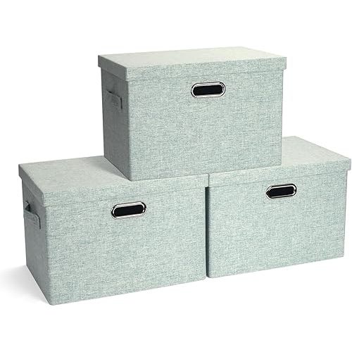 Large 17" 36 Quart Collapsible Stackable Storage Bins with Lids, 3 Packs Light Green Linen Fabric Closet Boxes with Lids, Storage Cube Baskets Container Organizers for Office (17x12x11)