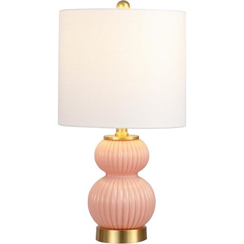 JONATHAN Y 20" Pink/Brass Gold Ribbed Gourd Glass Table Lamp, Modern Bedside Lamp for Bedroom Living Room, White Linen Drum Shade, LED Bulb Included (JYL1099B)