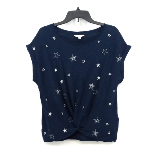 Lucky Brand Shirt Women Large Dark Blue Embroidered Stars Twist Front Casual Top