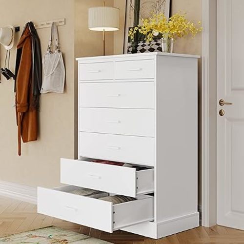 Hasuit White Dresser for Bedroom, Tall 7 Drawer Dresser with Sturdy Base, Wood Storage Tower Clothes Organizer, Large Storage Cabinet, Chest of 7 Drawers for Closet, Living Room, Hallway