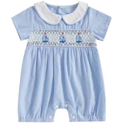 Baby Boy Girl Smocked Outfit Sailboat Embroidery Plaid Short Sleeve Peter Pan Collar Romper Jumpsuit Summer Clothes