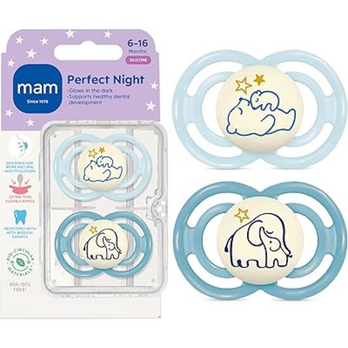 MAM Perfect Baby Pacifier 6-16 Months, Extra Thin Nipple, Developed with Orthodontists, Clinically Proven, Glows in The Dark, BPA-Free Silicone, Pack of 2, Made in Europe