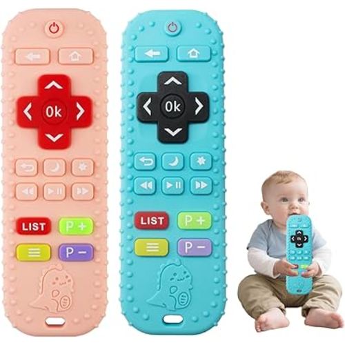 Baby Remote Teether,FyndAna Teething Relief Toys for Babies Gifts,Baby Teether Bath Toys for Newborn Infant Boy Girl Autism,Food Grade Silicone Sensory Toys(Blue+Pink)