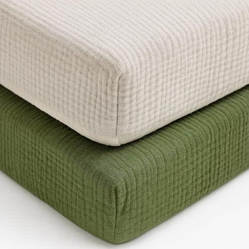 PET REJOIR Muslin Fitted Crib Sheets for Girls & Boys-2 Pack 28"x 52" Soft Baby Mattress Sheet-No Slip Boho Neutral Breathable Toddler Cotton Bedding Olive Green & Beige