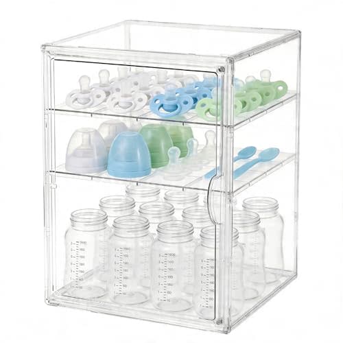 Baby Bottle Organizer, 3 Tiers Acrylic Bottle Storage Organizer Container, Clear Plastic Bottle Station Organizer with 2 Adjustable Dividers for Kitchen Countertop, Bathroom, Cabinet, Vanity (Large)