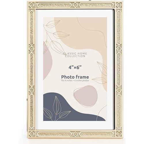 4x6 inch Picture Frame Design Vintage Style Metal Photo Frame with High Definition Glass Antique Display Holder for Tabletop (Gold-Spiral Rope)