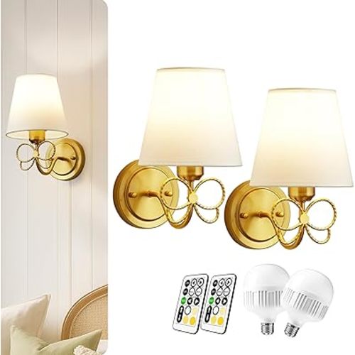 Battery Operated Wall Sconces Lights Set of Two Remote Control, Antique Brass Bow Sconces Rechargeable Battery Powered Wall Lights Dimmable LED 2700K-6000K 16 Color Temperatures