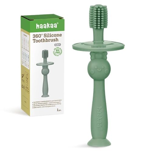 haakaa 360° Baby Toothbrush with Suction Base - Gentle Cleaning for Infant Self-Brushing Training, Food-Grade Silicone, Adjustable Safety Shield - Pea Green (1 Piece)