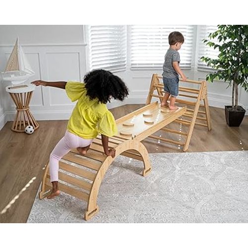 Avenlur Hazel 5-in-1 Indoor Climbing Gym - Waldorf and Montessori Climbing Set with Triangle Ladder, Climbing Ramp, Arch Climber, Rocker, and Slide - Montessori Toys for Children 18mo to 7yr (Natural)