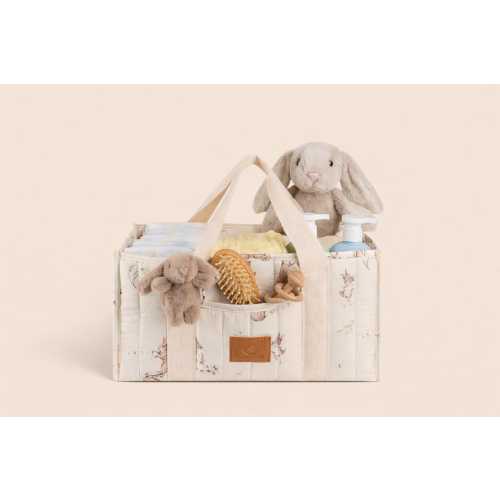 Baby Nappy Caddy Organiser with Soft Bunny key chain ring, lovely book inspired print design, very sturdy ideal for Boys and Girls