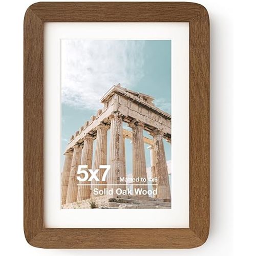FLYJOE 5x7 Solid Oak Wood Photo Frame | 5x7 Picture Frame With Mat For 4x6 | Plexiglas And Hanging Hardware Included | Walnut Wood (1 Pack)