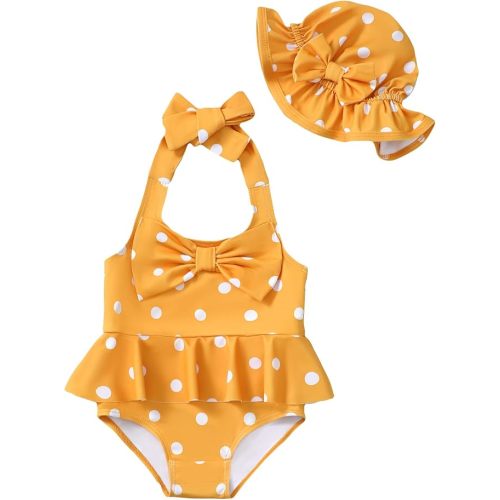 Kucnuzki Baby Girl Swimsuit Newborn One Piece Bathing Suit Bow Tie Bikini Tankini Infant Swimwear with Hat