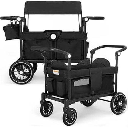 Wagon Stroller for 2 Kids, All-Terrain Stroller Wagon, Foldable Kids Wagon Cart Featuring with Harnesses, Adjustable Double Push Handle, Removable Canopy, Snack Tray, Large Storage Bag, Black