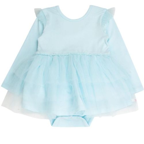 RuffleButts Baby Girls Flutter Tulle Long Sleeve Twirl Romper - Ocean Tide, 0-3m