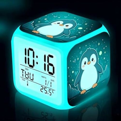 Wake Up Light Penguin Kids Alarm Clock,Cute Animal Digital Cube Clock with 7 Color LED Night Light,Temperature Date Display, Snooze Function, Children Bedroom Decor