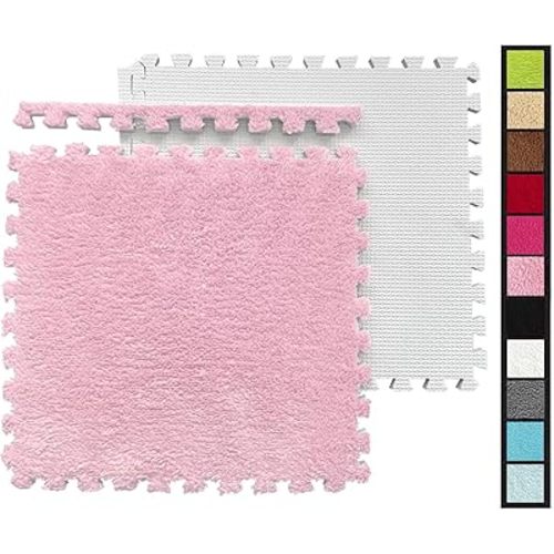 12 Pcs Kids Foam Interlocking Carpet Tiles with Border, Thick Carpet Squares Plush Floor Playmats Baby Crawling Rug - 49" x 37" (Pink, 12 Tiles)