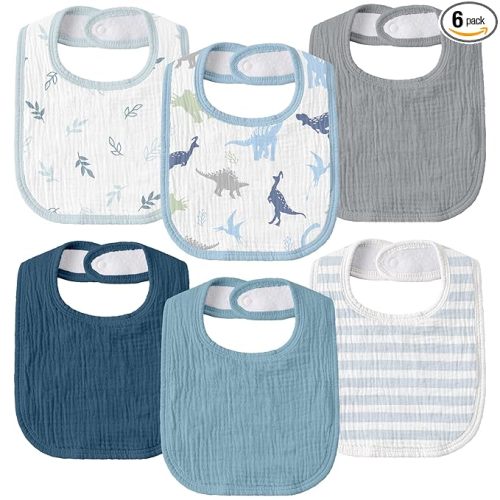 GLLQUEN BABY Muslin Drool Bibs for Boys Girls 6 Pack, Adjustable Baby Bibs for Drooling and Teething, Soft Cotton Baby Bandana Bib for Newborn Feeding Essentials (My Dino Pals)