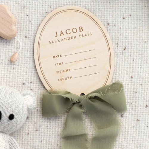 Wooden Trim Ribbon Baby Announcement Birth Stats | Personalize Custom Name, Baby Monthly Milestone Marker, Nursery, Baby Shower Gift
