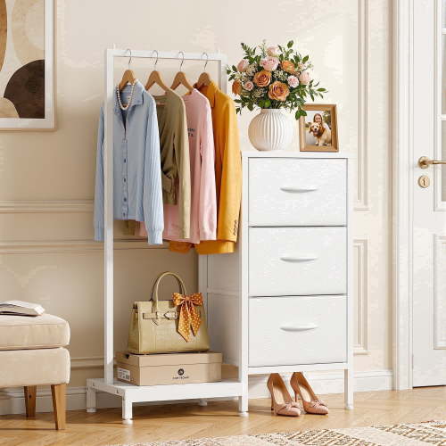HIGDBFE Small Dresser with Hanging Rack, 3 Fabric Drawers Tall Sturdy Clothes Storage, Space Saving for Bedroom, Entryway, White