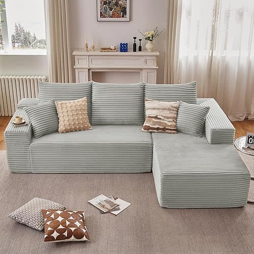107" Cloud Sectional Couch with L-Shape Chaise, Modern Modular Comfy Sofa Chaise Longue, Upholstered Corduroy Couches Sleeper with Deep Seat for Living Room Bedroom, No Assembly Required, Grey