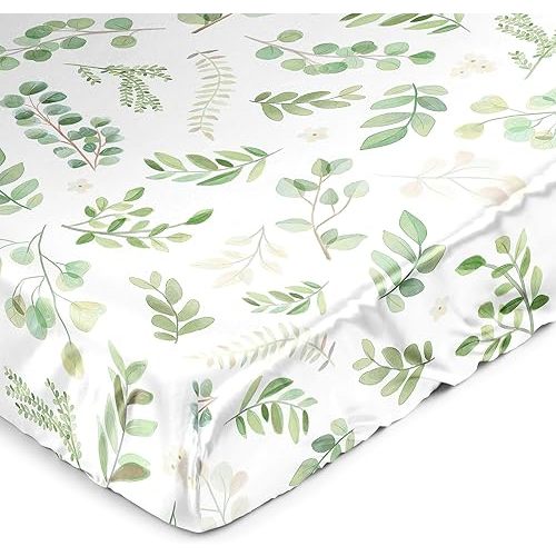 Sweet Jojo Designs Green Boho Floral Leaf Boy Girl Gender Neutral Unisex Baby Satin Fitted Crib Sheet Infant Newborn Nursery Toddler Bed Room Standard Mattress Sage White Bohemian Watercolor Botanical
