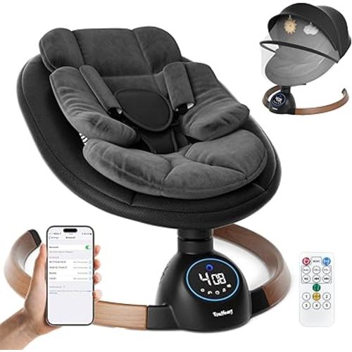 Electric Baby Swing with 5-Speed Motion & Vibration, Bluetooth Music, Remote Control, 10 Preset Melodies, Portable Baby Rocker for Newborns, Max 20 Lbs, 0-6 Months, Aluminum Frame