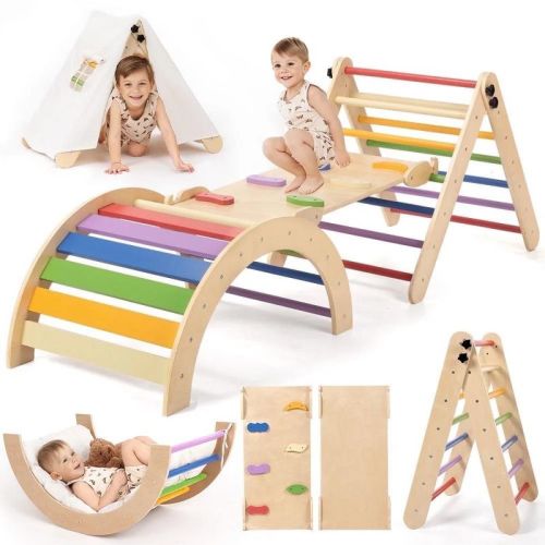 GOTGELIF 3-in-1 Montessori Climber Set with Mat & Decorative Cloth - Toddler Wooden Play Arch with Slide & Climbing Ramp