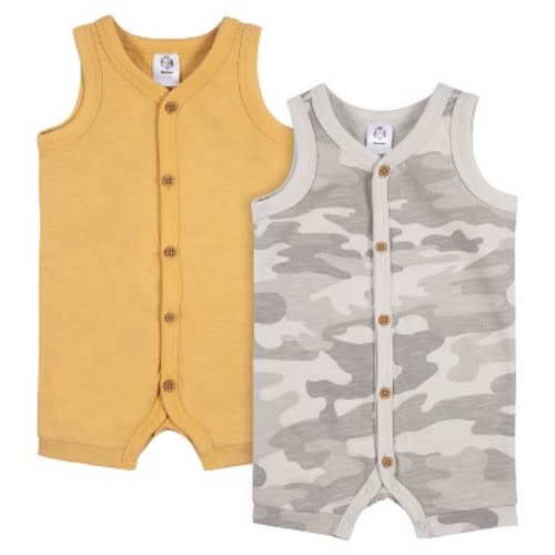 Gerber Baby Boys' Short Leg Sleeveless Romper, Camo & Yellow, 3-6 Months, 2-Pack