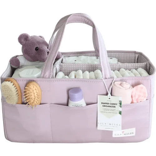 Lily Miles Baby Diaper Caddy Organizer, Wipeable Diaper Organizer Basket with 8 Pockets for Newborn Essentials, Baby Shower Gifts, Nursery Tote Bag for Changing Table or Car (Rosy Lilac, Large)