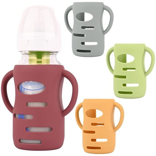 4 Pack Silicone Sleeves with Handles for Dr Brown Baby Bottles, Anti Breakage Baby Bottle Holder, Compatible Dr Brown Wide-Neck Baby Bottles 9 oz