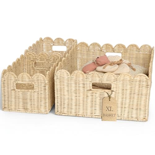 BEBE BASK Handwoven Scalloped Wicker Basket Set of 3 (17 × 13 × 7 in) | Rattan Scallop Basket Set, Wicker Baskets for Organizing, Wicker Storage Baskets for Shelves, Nursery and Home