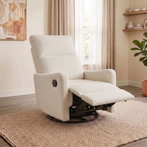 Swivel Recliner Chair with 360° Rotation, Beige Upholstered Glider Recliner with Footrest, Compact Lounge Chair for Living Room, Bedroom-Panipeachy