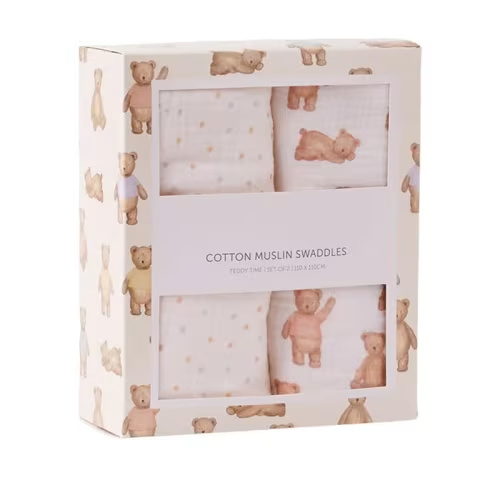 Adairs Kids - Natural Teddy Time Cotton Muslin Baby Swaddles 2pk | Adairs