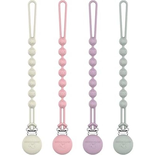 Cuddle Campus Silicone Pacifier Clip Holder with One Piece Design, Pack of 4 Soft Flexible Binky Clips with Texture for Baby Boy and Girl (Set 2, 4 Pack 0-6m Round)