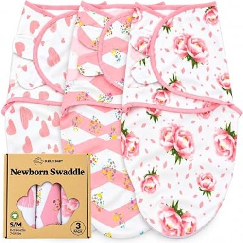 Newborn Swaddle Blanket 3-Pack, S/M 0-3 Months, GOTS Certified Organic Cotton, Adjustable Hook-and-Loop Wrap, Soft Breathable Sleep Sack, Reduces Startle Reflex for Boys & Girls
